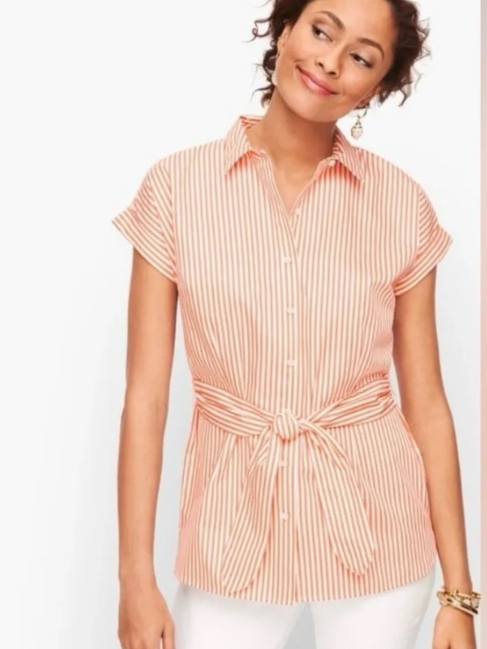 Talbots Orange/Coral and White Striped Button-Front Tie Blouse